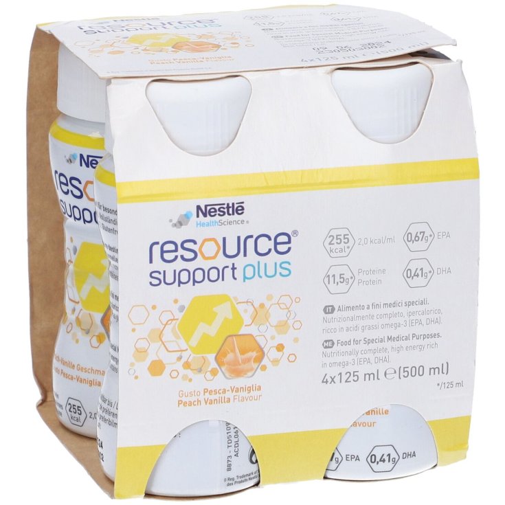 Nestlé Health Science Resource Support Plus Pfirsich-Vanille-Getränk mit hohem Kaloriengehalt und hohem Proteingehalt mit EPA und DHA 4 x 200 ml