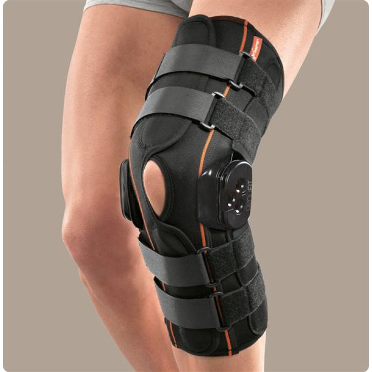 Genufit30a lange offene Kniebandage mit polyzentrischen Gelenkstangen mit FE-Steuerung beidhändig tragbar Größe M