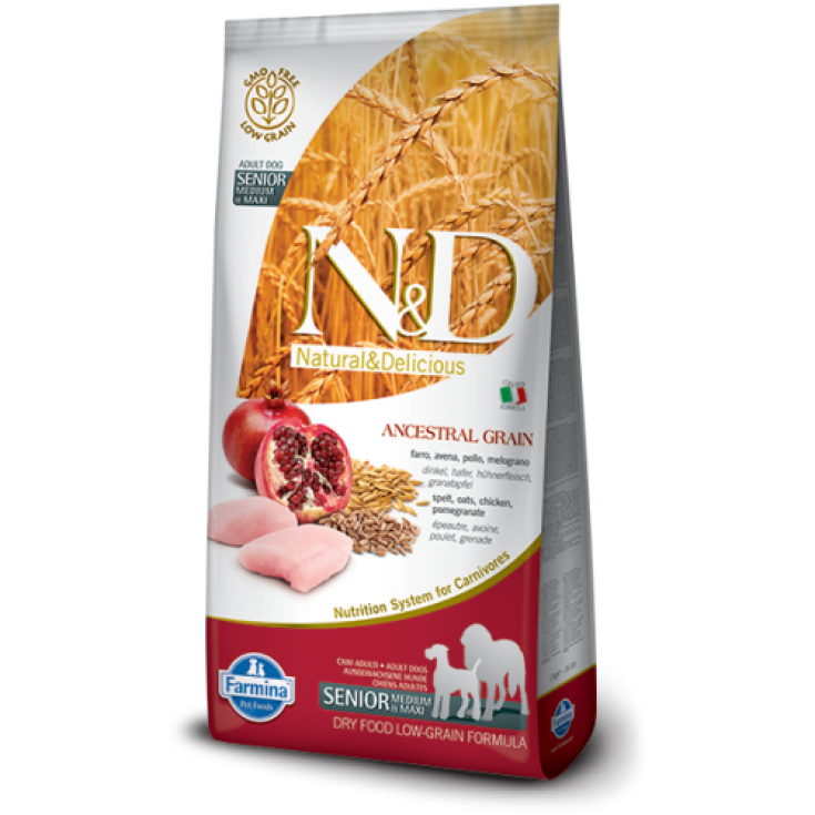 N&D Low Ancestral Grain Senior Medium/Maxi Trockenfutter mit Huhn und Granatapfel für ältere Hunde, 12 kg