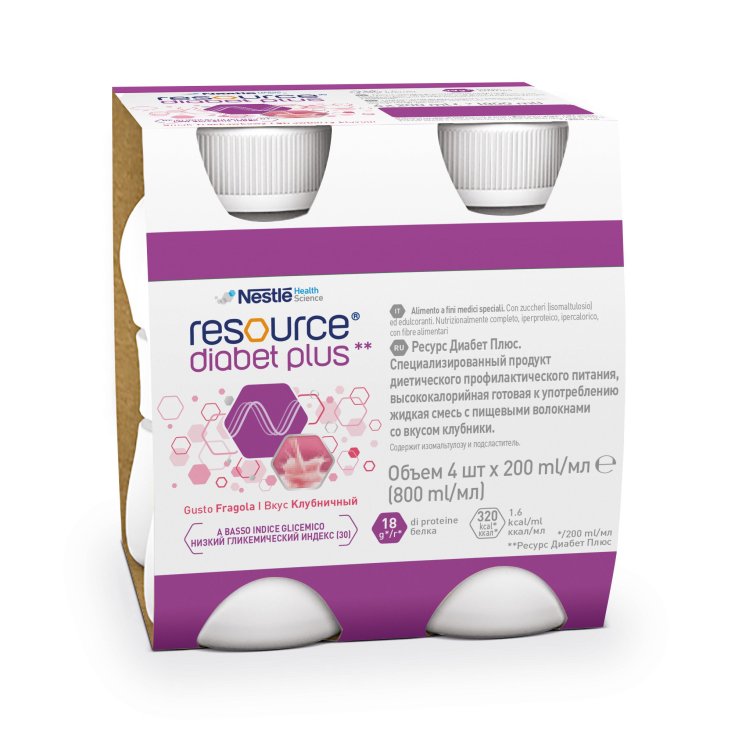 Nestlé Health Science Resource Diabet Plus Low Glycemic Drink Erdbeere mit 100 % löslichen Ballaststoffen 4 x 200 ml