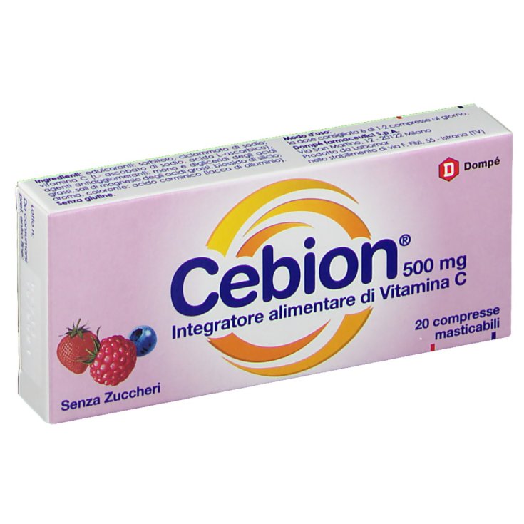 Dompé Cebion 500mg Vitamin C Nahrungsergänzungsmittel ohne Zucker Glutenfrei 20 Kautabletten Schmecken Waldbeeren