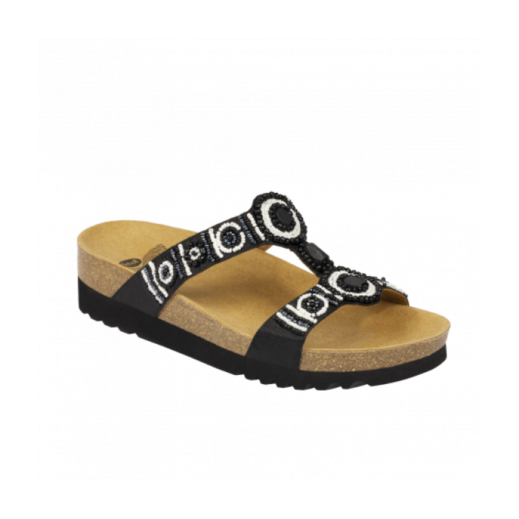 Scholl® New Bogotà Wedge Damen Sandale Stoff + Perlen Bioprint® Fußbett Farbe Schwarz & Weiß Größe 37