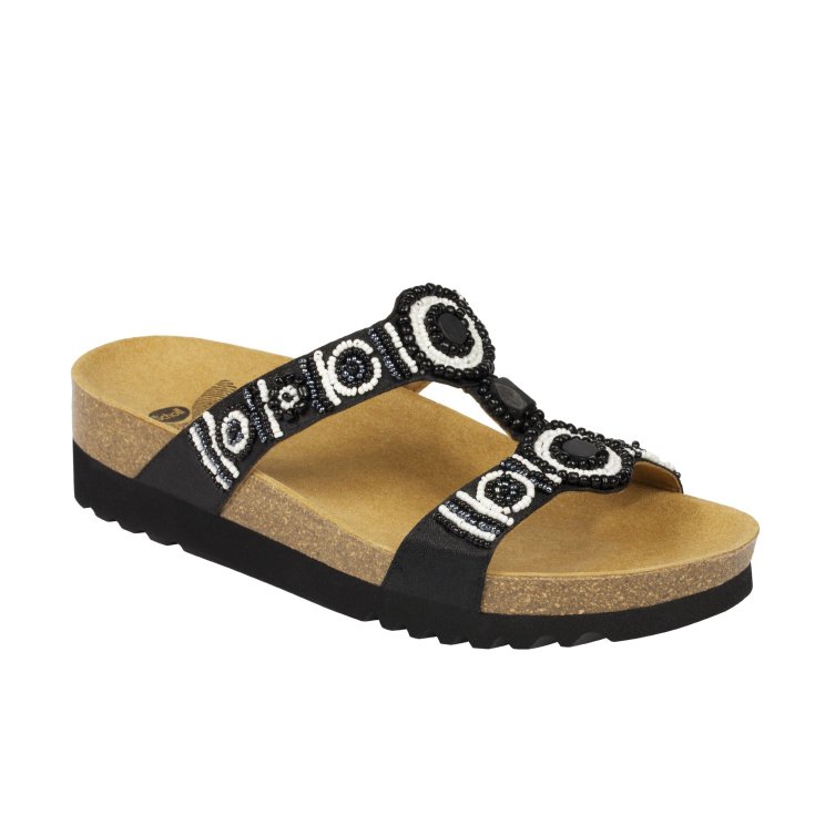 Scholl® New Bogotà Wedge Damen Sandale Stoff + Perlen Bioprint® Fußbett Farbe Schwarz & Weiß Größe 41