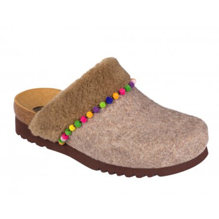 Scholl Libby Damenhausschuh Bioprint Eco Fur und Pom Poms Farbe Hazel Größe 38