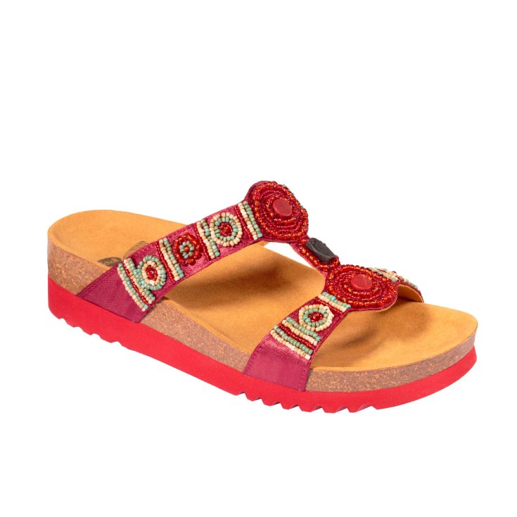 Scholl® New Bogotà Wedge Damen Sandale Stoff + Perlen Bioprint® Fußbett Farbe Rot Größe 38
