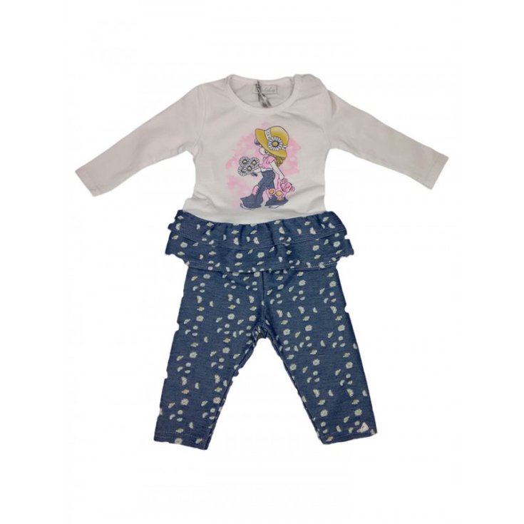 2er Set Maxi Pullover T-Shirt Kleid Rüschen Hose Leggings Baby Mädchen Dolceluna weiße Jeans 3 - 6 m