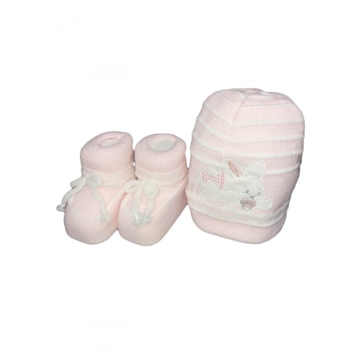 Set 2 Stück Hut Mütze La Rocca Wollschuhe Baby Junge bestickt weiß rosa TU